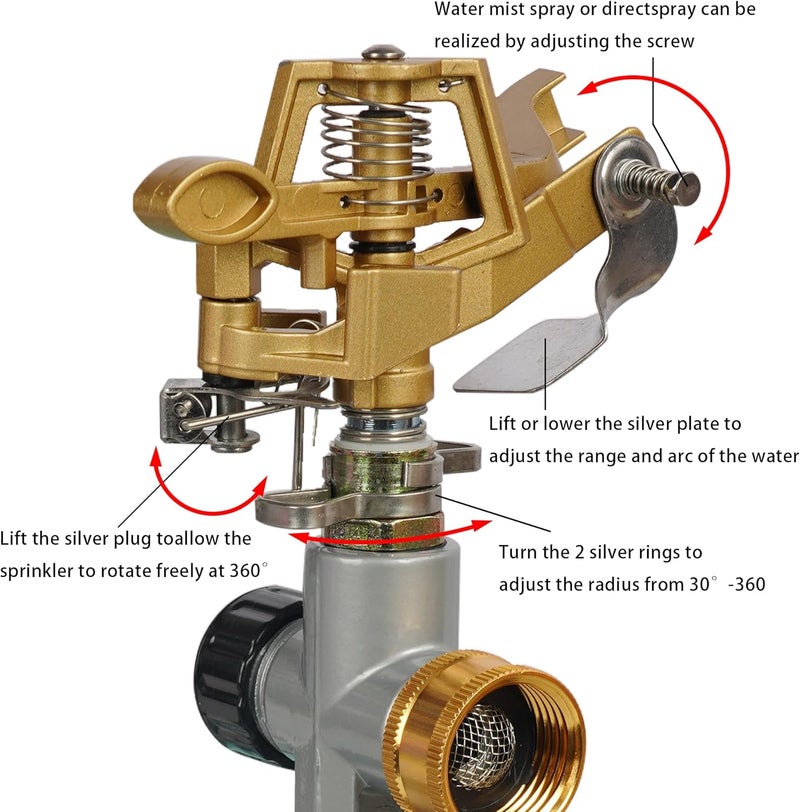LIULO TOOL 2 Pack Zinc Alloy Impact Sprinklers for Yard, Stainless Steel Pulsating Water Sprinkler Head on Spike Base, Adjustable Water Sprinklers for Large Area Patio Lawn Garden Irrigation - Image 4